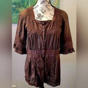 INC International Concepts Brown Ruffled 3/4 Sleeve Blouse